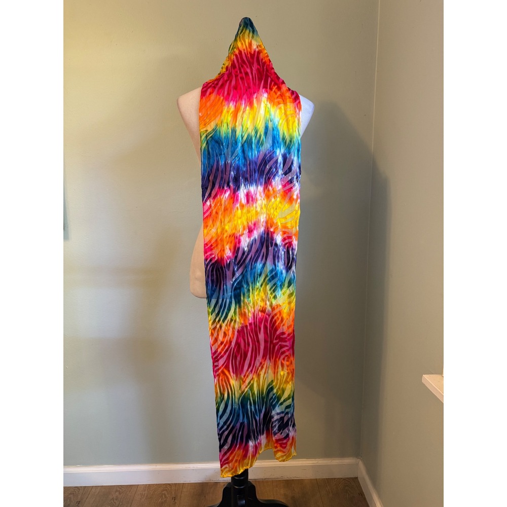 Rainbow Tie Dye Zebra Scarf Silk Colorful boho retro y2k whimsigoth fairy wrap d - Picture 3 of 4